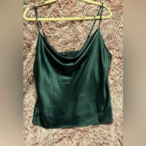 Green satin cowl neck top